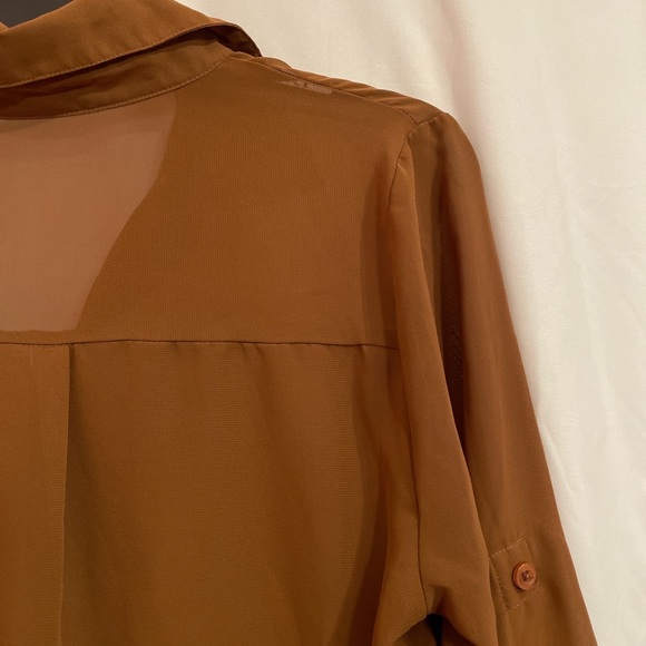 SOLD // Brown Sheer Button Down High Low Blouse - Picture 2 of 6